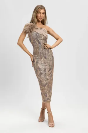 Rochie eleganta bej conica cu broderie pretioasa si margele