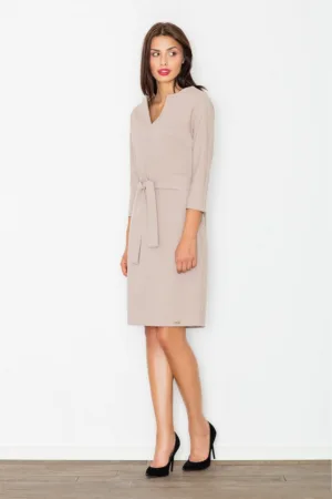 Rochie eleganta - bej - cu curea - decolteu in V - poliester