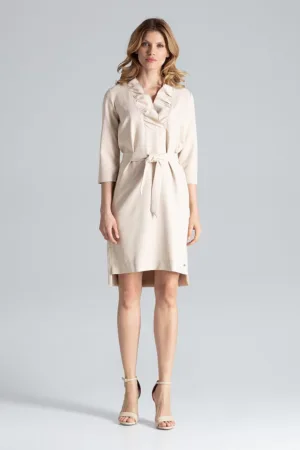 Rochie eleganta - bej - cu volan pe decolteu - legata cu curea - poliester