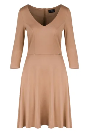 Rochie eleganta - bej - decolteu in V - maneci 3/4 - viscoza