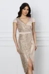 Rochie eleganta bej din satin cu paiete