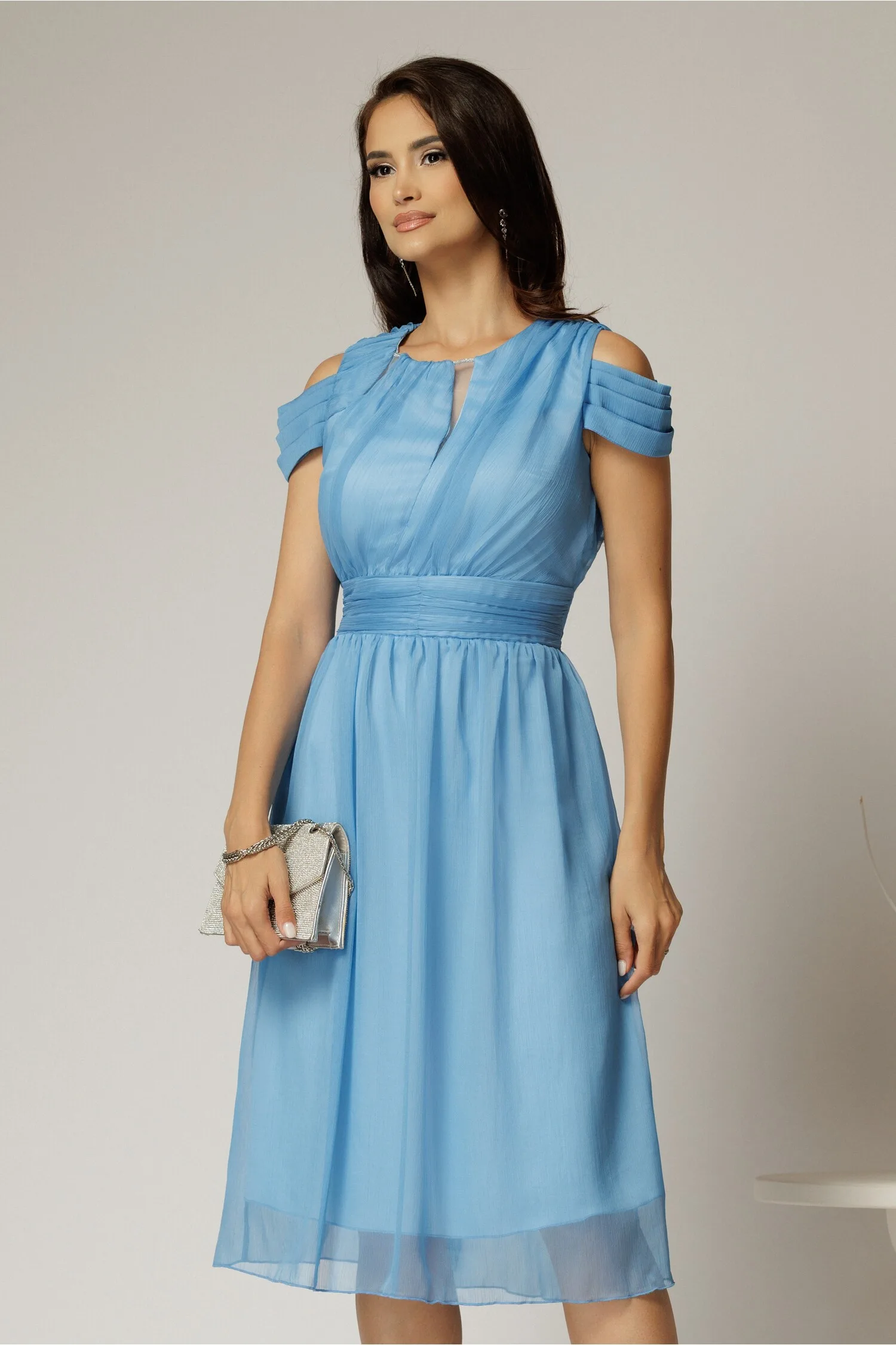 Rochie eleganta bleu din voal cu croi fluid