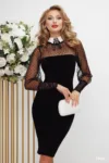 Rochie eleganta cambrata din catifea neagra cu maneci din tulle si guler alb