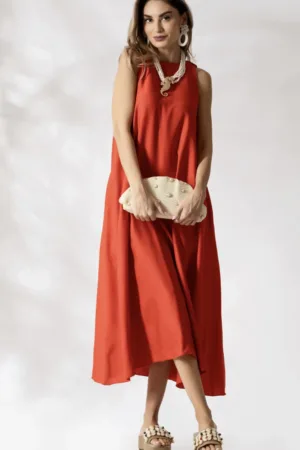 Rochie eleganta corai din vascoza cu buzunate laterale si croi in A