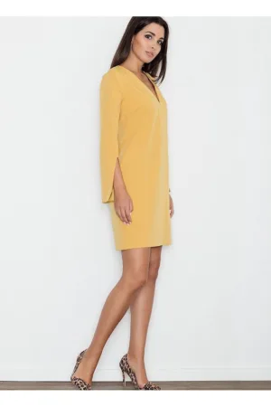 Rochie eleganta - croiala dreapta - maneci cu fante - galbena - poliester-viscoza