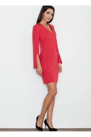 Rochie eleganta - croiala dreapta - maneci cu fante - rosu - poliester-viscosa