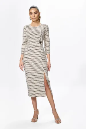 Rochie eleganta cu buline si detaliu cu strass-uri in talie Nerina Ecru