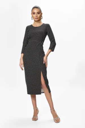 Rochie eleganta cu buline si detaliu cu strass-uri in talie Nerina Neagra