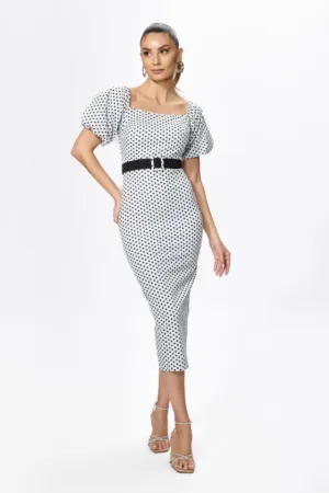 Rochie eleganta cu buline si maneci bufante Mianna Bicolora