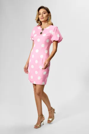 Rochie eleganta cu buline si maneci scurte bufante Ayssel Roz