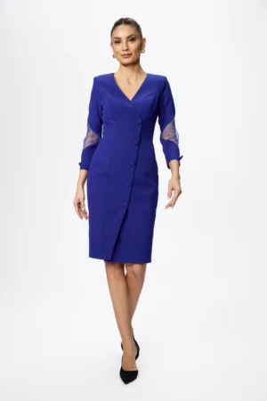 Rochie eleganta cu butoni pe fata si insertii din tull la maneci Matthia Albastra