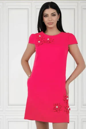 Rochie eleganta cu buzunare laterale si flori aplicate