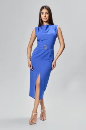 Rochie eleganta cu buzunare si crepeu Bernadette Indigo
