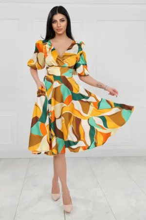 Rochie eleganta cu croiala in clos si imprimeu colorat