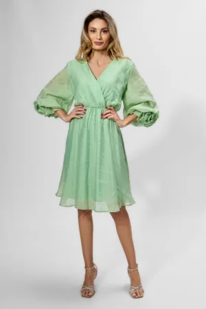 Rochie eleganta cu elastic in talie si maneci bufante Liviana Vernil