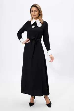 Rochie eleganta cu flori 3D si guler tip camasa Dania Neagra