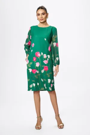 Rochie eleganta cu maneci din voal si imprimeu Nerra Verde