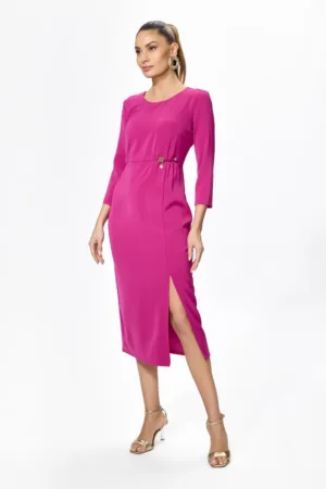 Rochie eleganta cu maneci trei sferturi si crepeu in fata Dahnya Fucsia