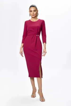 Rochie eleganta cu pliuri in talie si crepeu Eliana Marsala