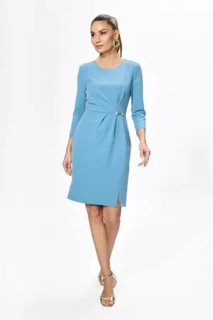 Rochie eleganta cu pliuri si detaliu auriu cu perle in talie Pya Bleu
