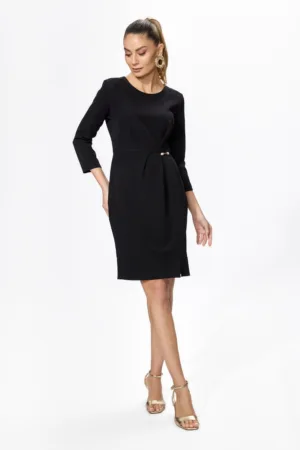 Rochie eleganta cu pliuri si detaliu auriu cu perle in talie Pya Neagra