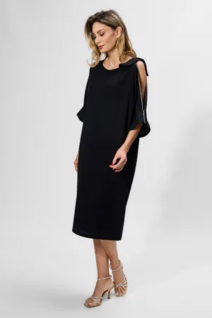 Rochie eleganta cu strass-uri si funda pe umar Zenia Neagra