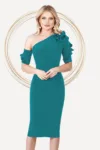Rochie eleganta de ocazie Pretty Girl turquoise cu umar gol si volanase