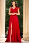 Rochie eleganta de seara Ofelia rosie lunga cu flori 3D