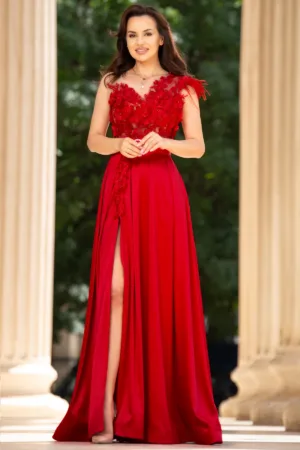 Rochie eleganta de seara Ofelia rosie lunga cu flori 3D