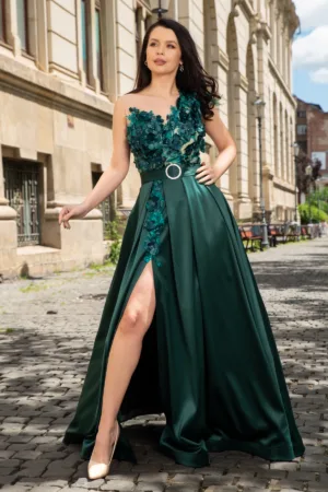 Rochie eleganta de seara Ofelia verde lunga cu flori 3D