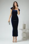 Rochie eleganta din catifea bleumarin cu strasuri la bust