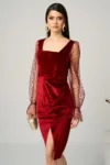 Rochie eleganta din catifea bordo cu maneci din tull cu buline
