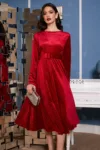 Rochie eleganta din catifea rosie cu strasuri si curea in talie