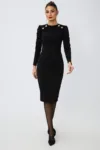 Rochie eleganta din crepe cu butoni aurii si crepeu in fata Moze Darlene Neagra