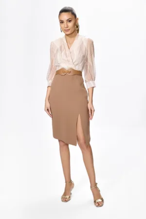 Rochie eleganta din crepe si voal cu buline Renatta Bej