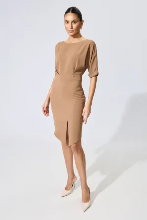 Rochie eleganta din crepe usor asimetrica cu maneci trei sferturi Briany Maro