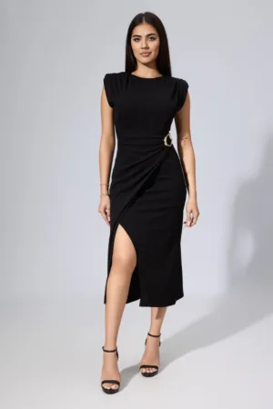Rochie eleganta din licra cu cu umeri buretati si catarama aurie in talie Anda Neagra