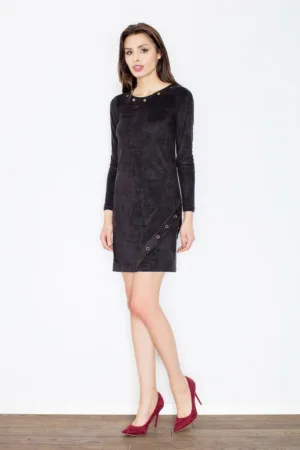 Rochie eleganta - din piele intoarsa - neagra - cu maneca lunga