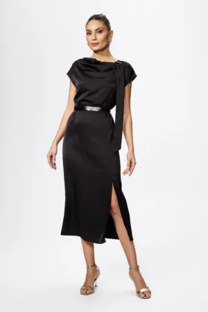 Rochie eleganta din satin cu crepeu in fata Isolina Neagra