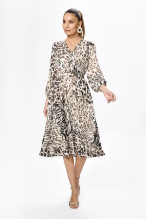 Rochie eleganta din satin cu imprimeu Finola Bej Animal Print