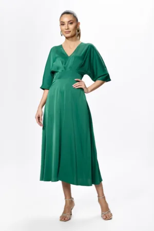 Rochie eleganta din satin cu maneci scurte asimetrice Tadeea Verde