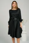 Rochie eleganta din satin neagra cu funda in talie
