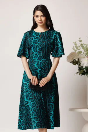 Rochie eleganta din satin verde cu print leopard