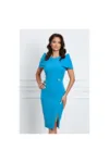 Rochie eleganta din stofa albastra cu umeri bufanti