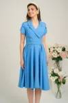 Rochie eleganta din stofa bleu cu nasturi si cordon decorativ in talie