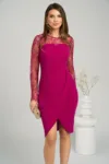 Rochie eleganta din stofa fucsia cu dantela la bust si maneci
