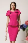 Rochie eleganta din stofa fucsia cu funde pe umeri si peplum in talie