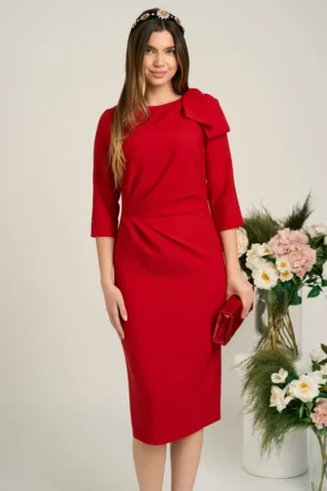 Rochie eleganta din stofa rosie cu funda maxi pe umar si fronseu in talie