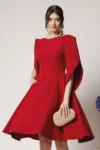 Rochie eleganta din stofa rosu zmeura cu maneci evazate