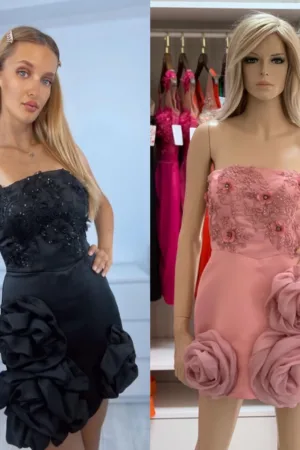 Rochie eleganta din tafta cu broderie pretioasa si flori aplicate